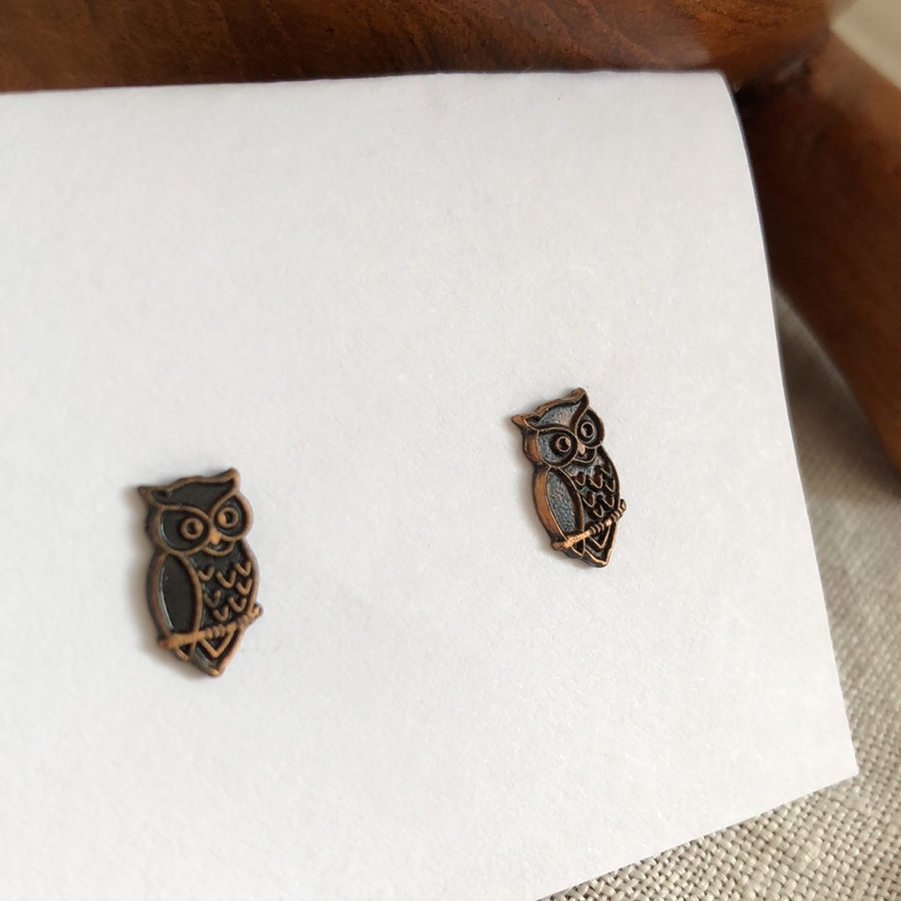 Tiny Copper Owl Stud Earrings Pierced Small Vintage